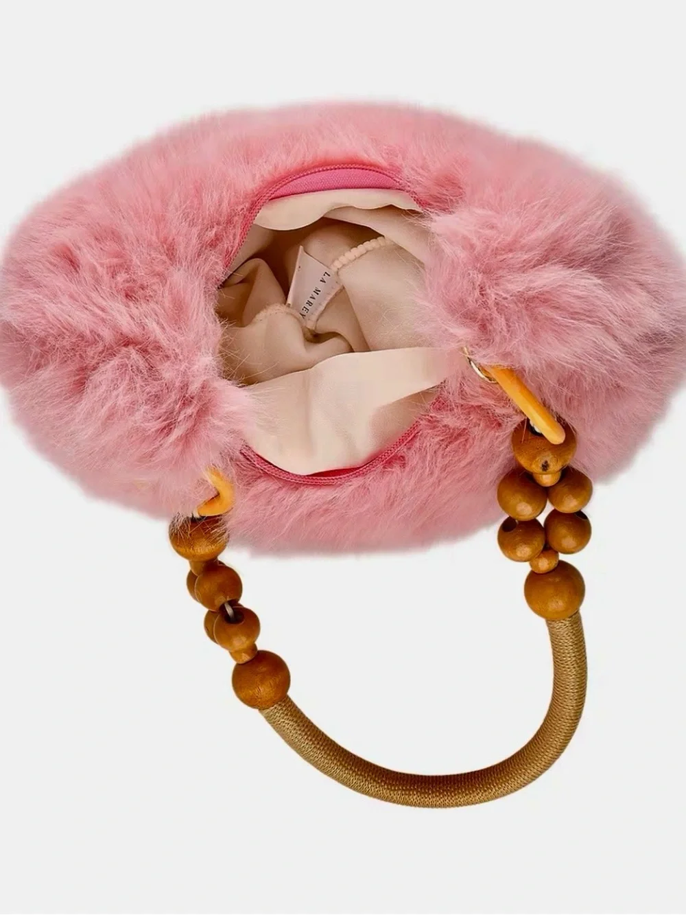 Pink  Faux Fur Bag with Wooden Bead Handle  NWT